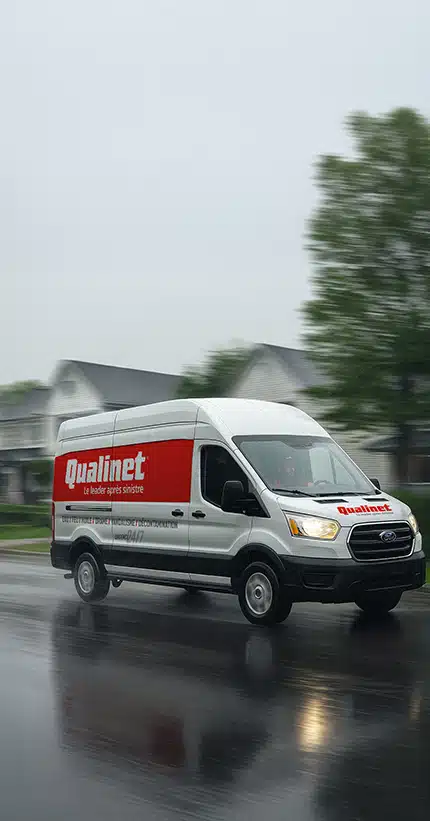 Camionnette de Qualinet dans une rue d'un quartier résidentiel